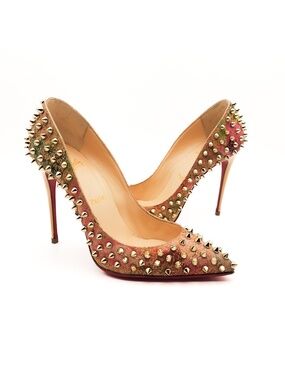 Christian Louboutin Pigalle Follies 100 Gold Spiked Pointed Pumps Heels EU 37